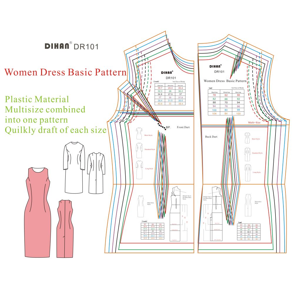 DIHAN DR101 Woman's Dress Multi Size Plastic Basic Pattern Block Making Ruler Sewing Ruler Quilting Rulers Garment Ruler Cutting Ruler